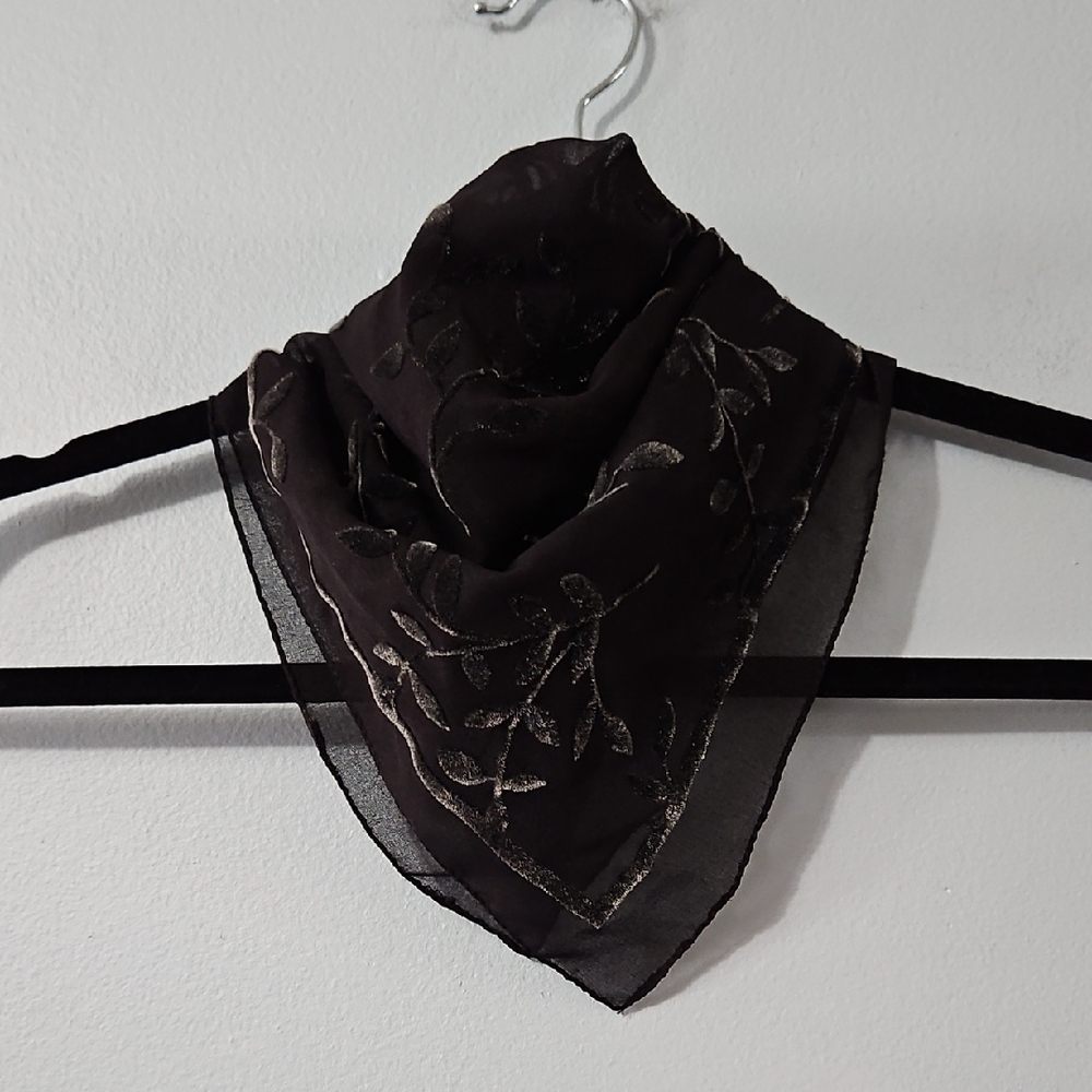 Elegant Black Floral Sheer Velvetty Textured Scarf 19.5x20.5